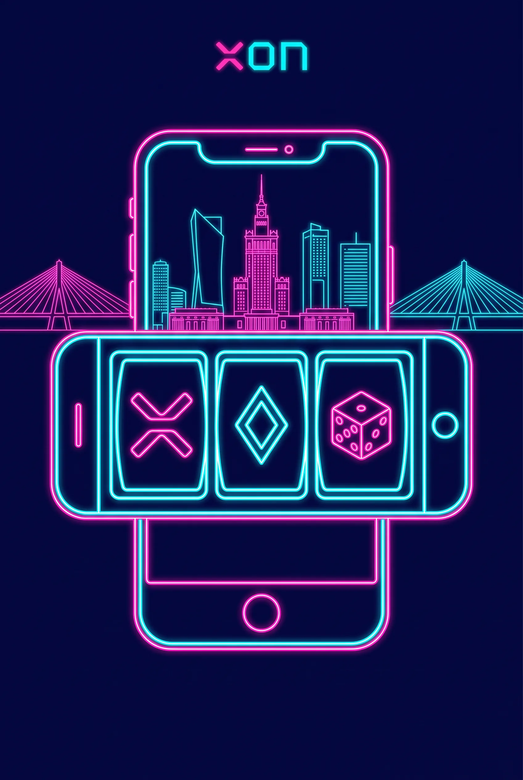 Neonowy telefon z grami Xon Bet i panoramą Warszawy